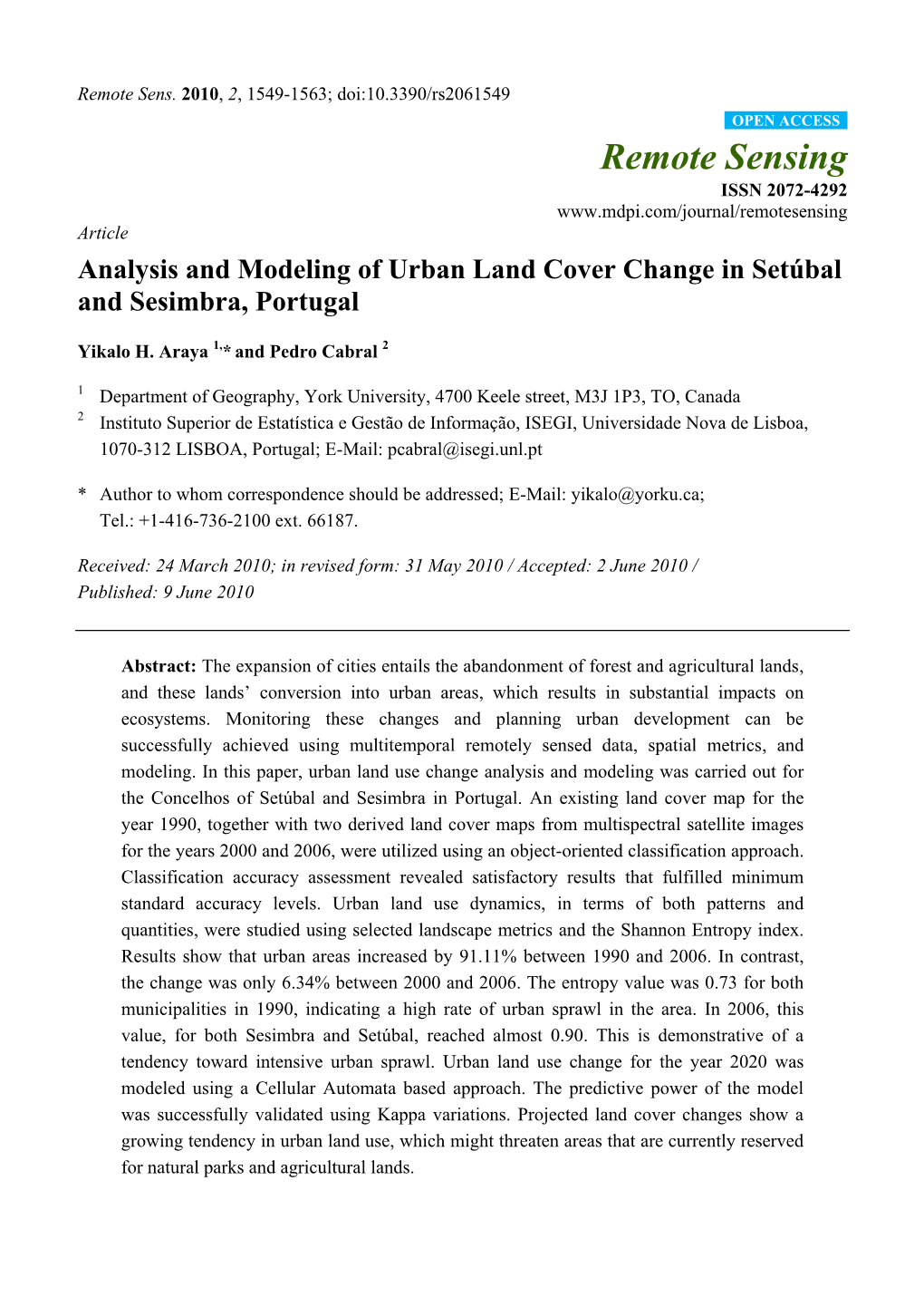 Analysis and Modeling of Urban Land Cover Change in Setúbal and Sesimbra, Portugal