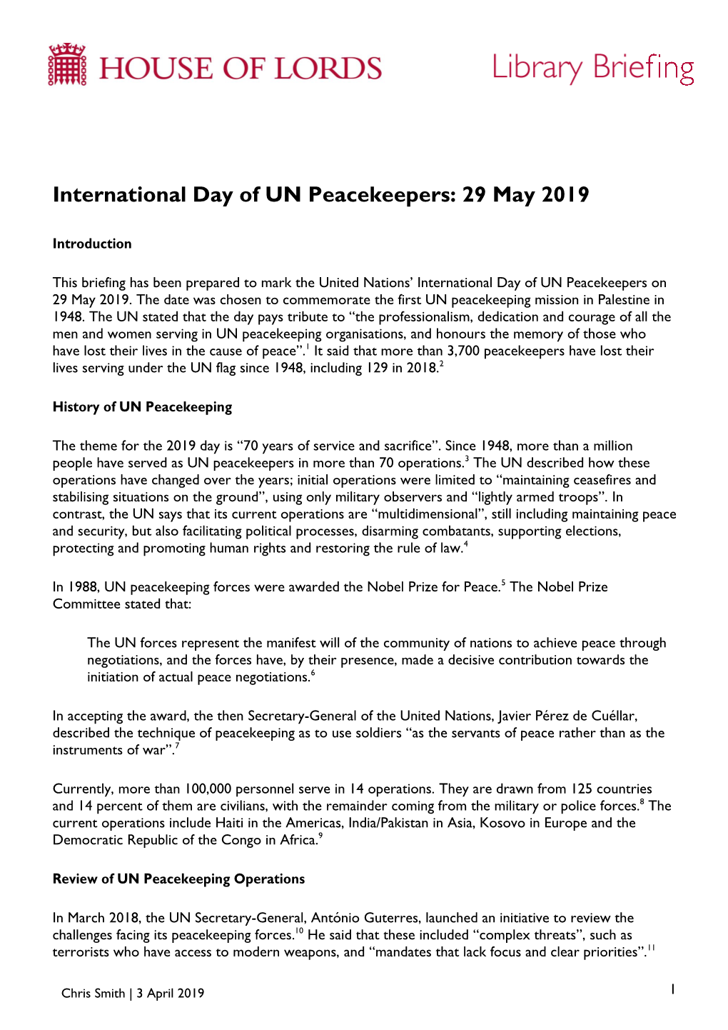 International Day of UN Peacekeepers: 29 May 2019