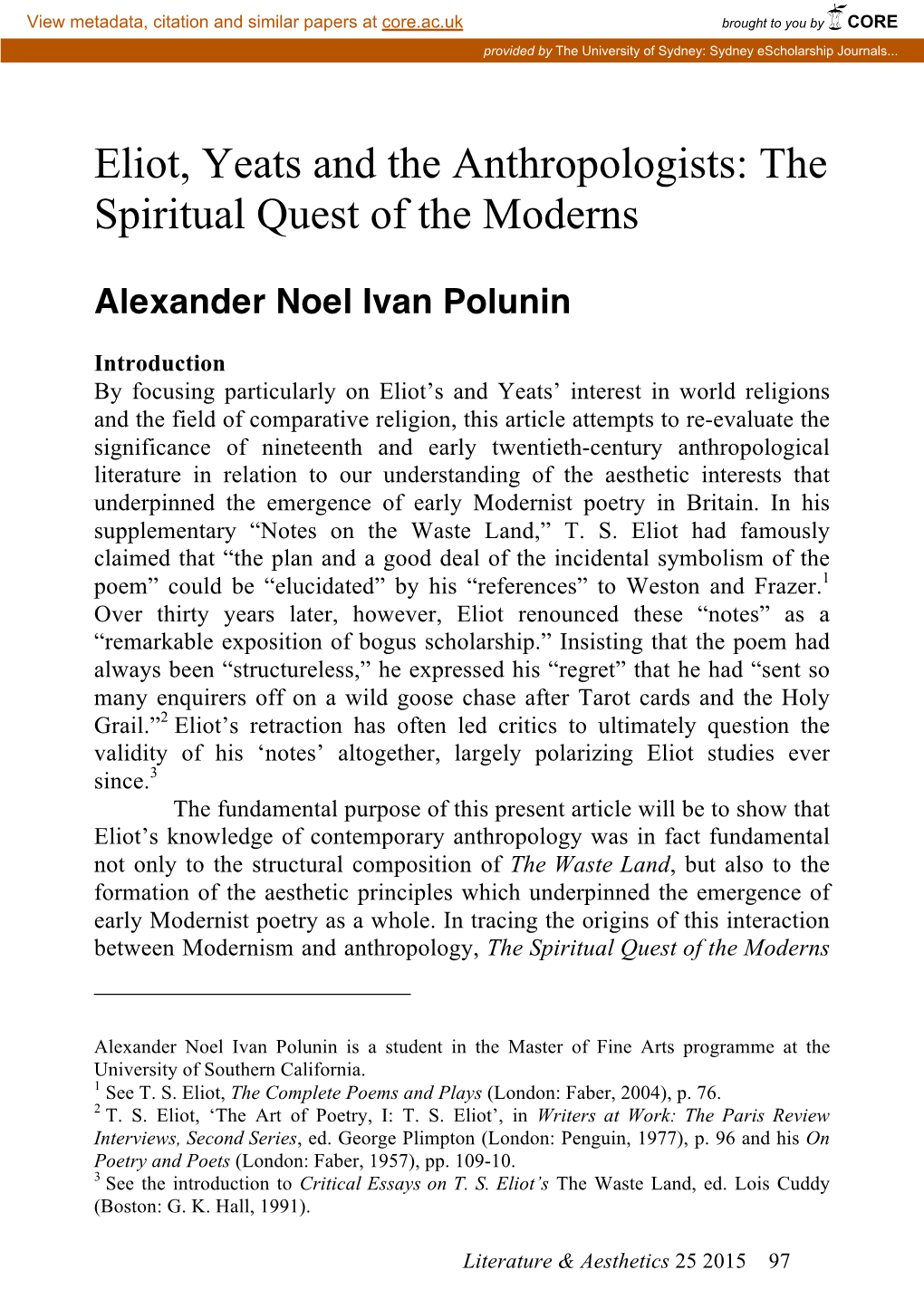 Eliot, Yeats and the Anthropologists: the Spiritual Quest of the Moderns