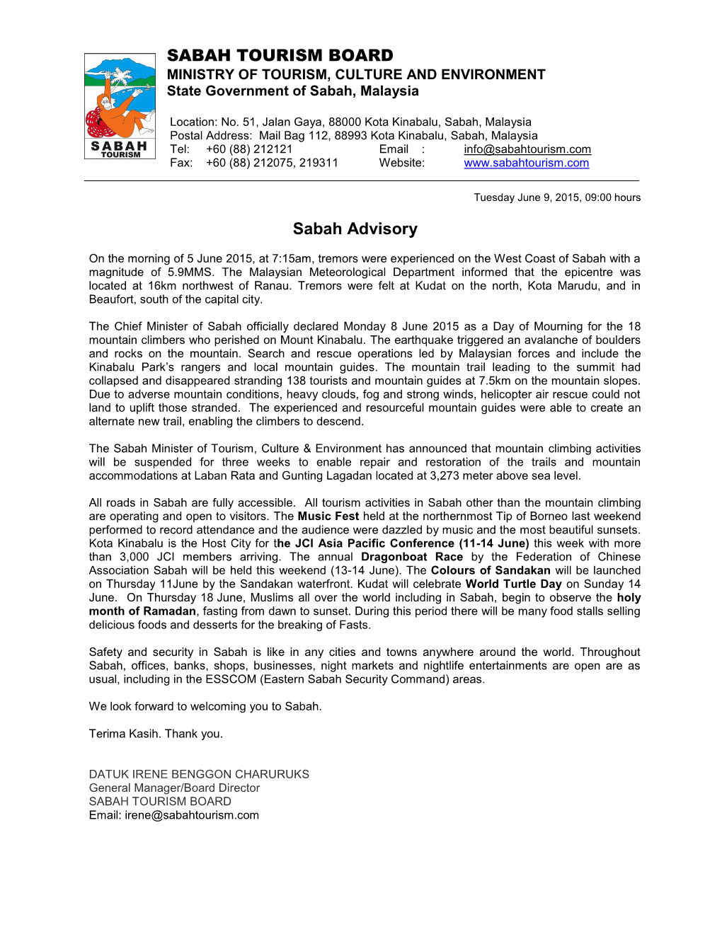 SABAH TOURISM BOARD Sabah Advisory