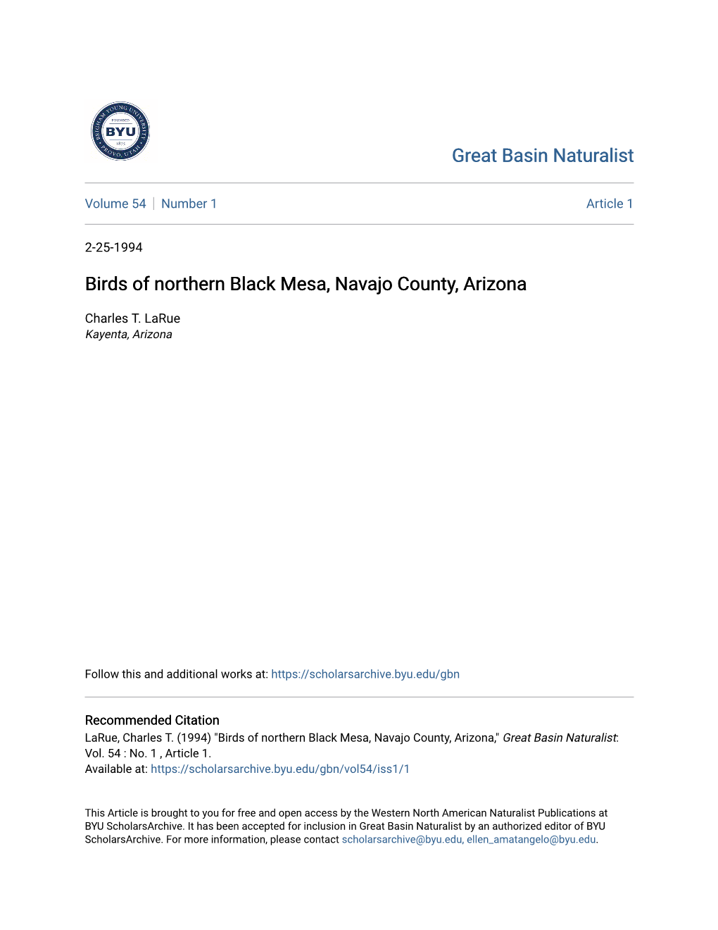 Birds of Northern Black Mesa, Navajo County, Arizona