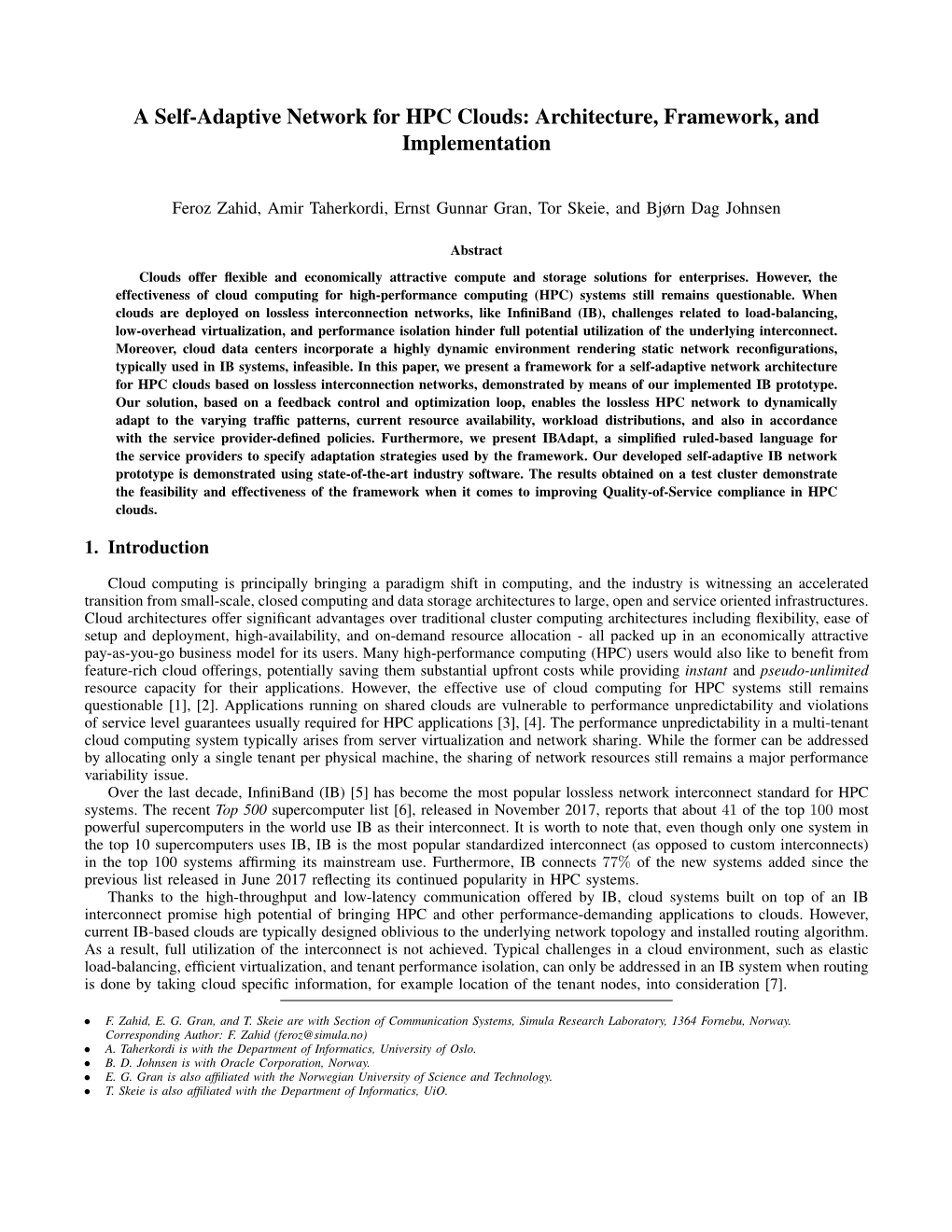 A Self-Adaptive Network for HPC Clouds: Architecture, Framework, and Implementation