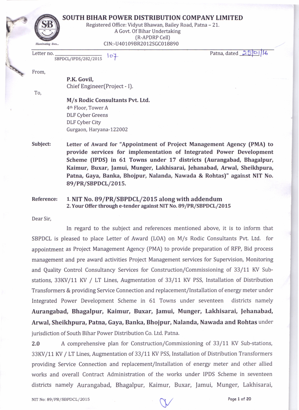 SOUTH BIHAR POWER DISTRIBUTION COMPANY LIMITED Registered Office:Vidyut Bhawan, Bailey Road, Patna - 21