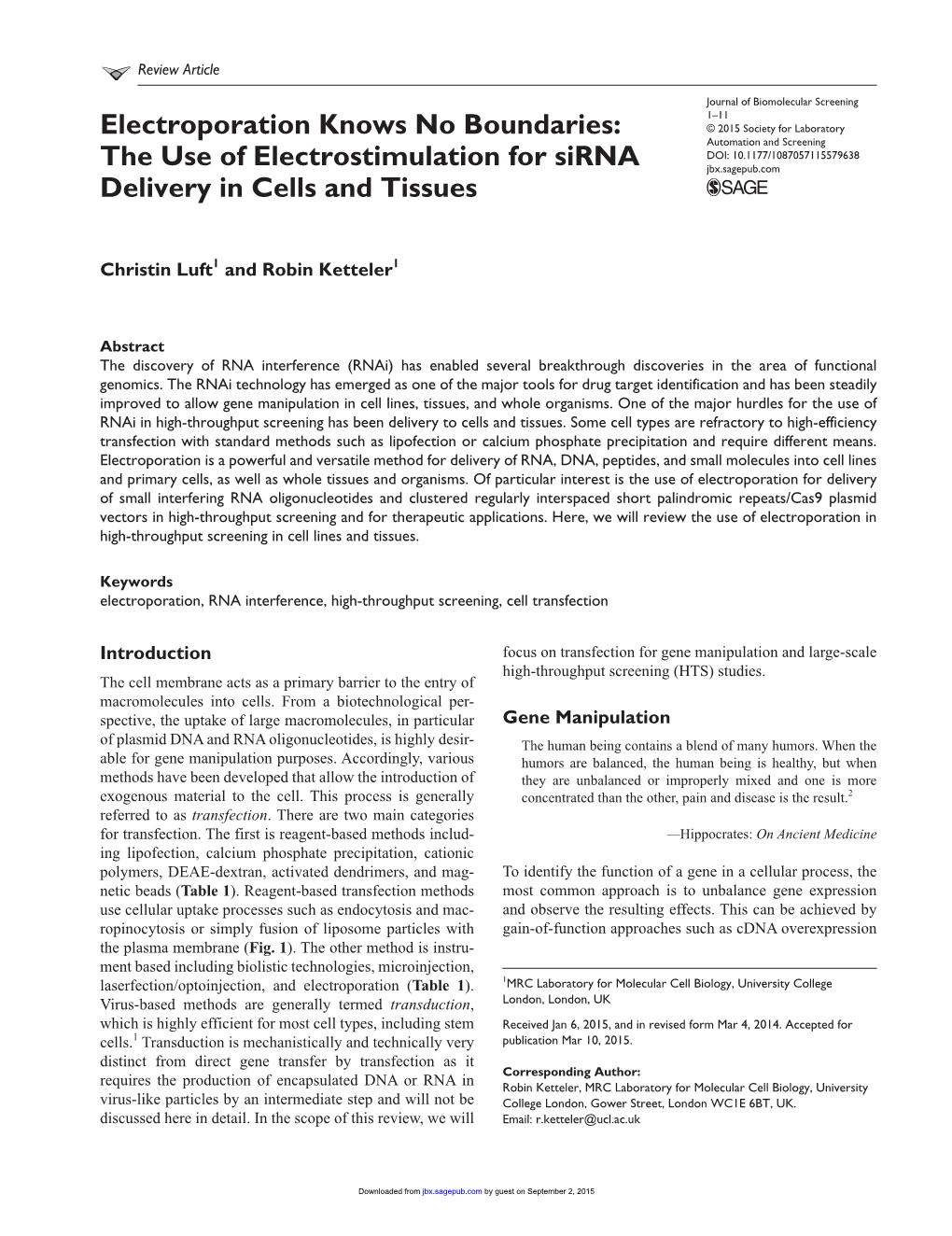 The Use of Electrostimulation for Sirna Delivery in Cells and Tissues