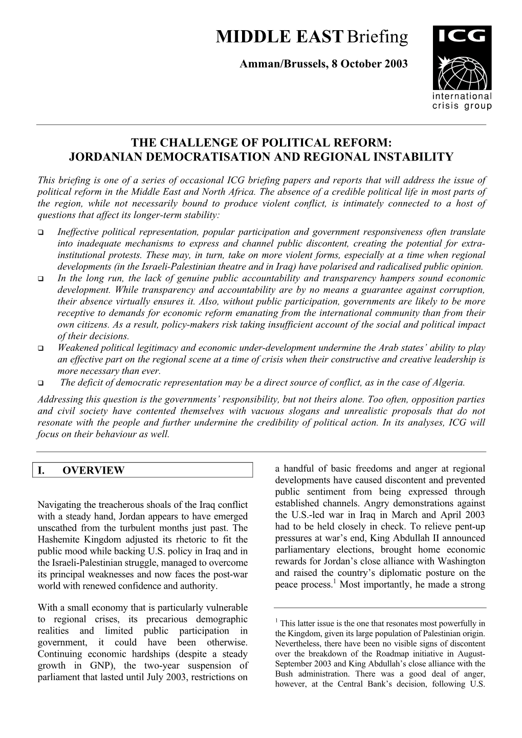 The Challenge of Political Reform: Jordanian Democratisation and Regional Instability