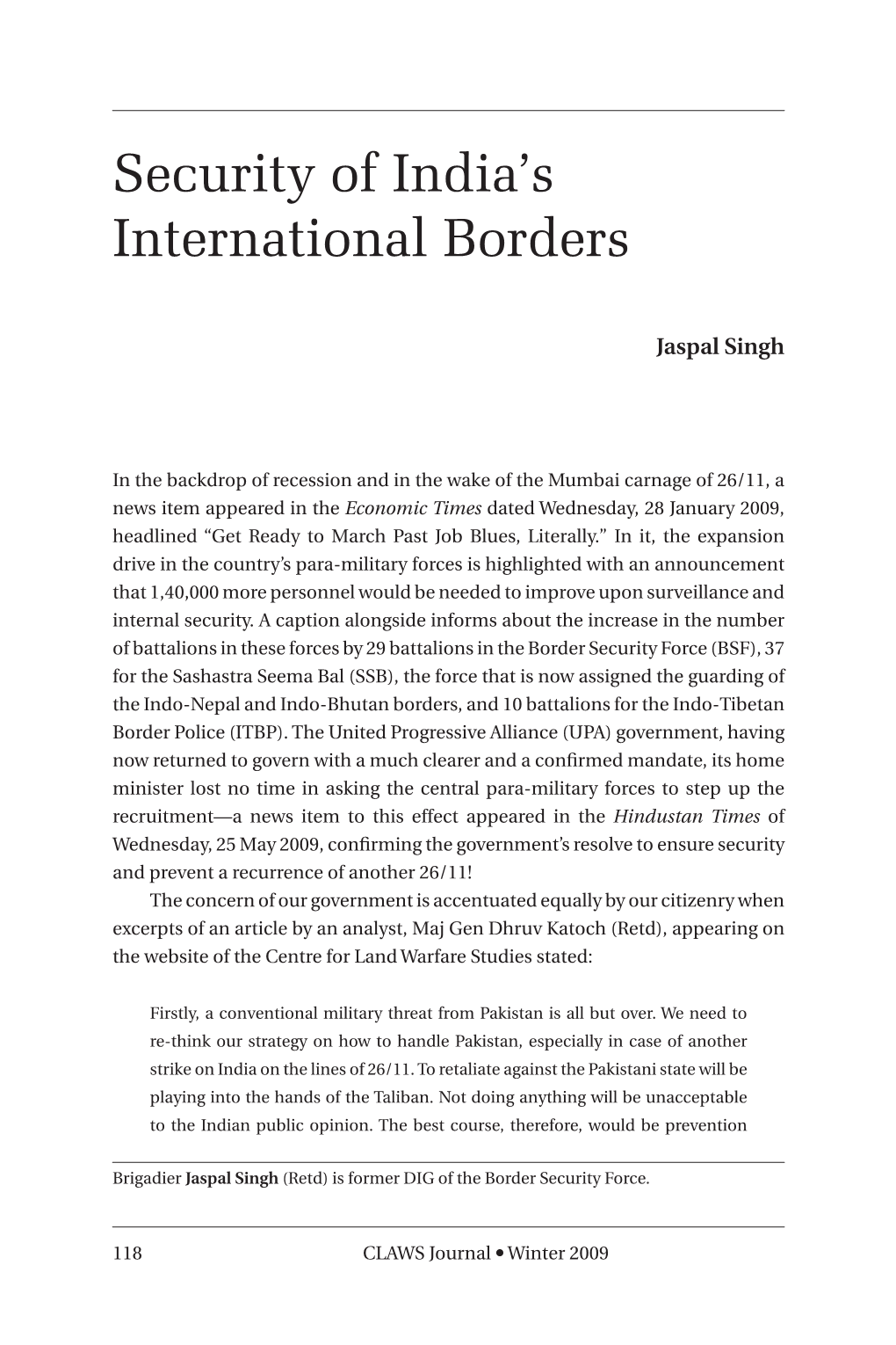 Security of India S International Borders, by Jaspal Singh