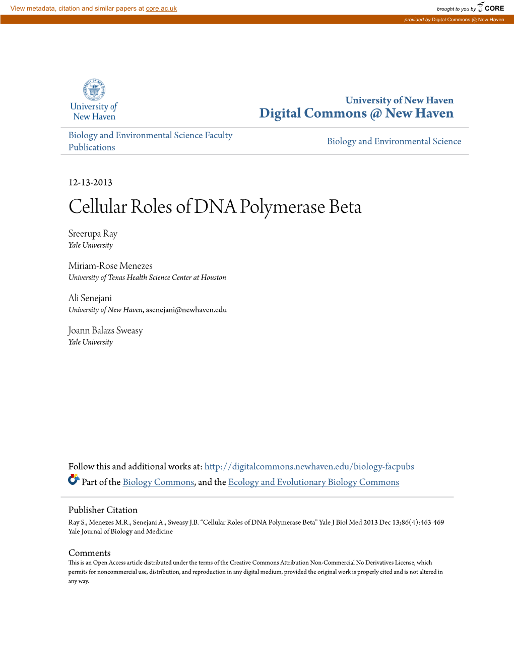 Cellular Roles of DNA Polymerase Beta Sreerupa Ray Yale University