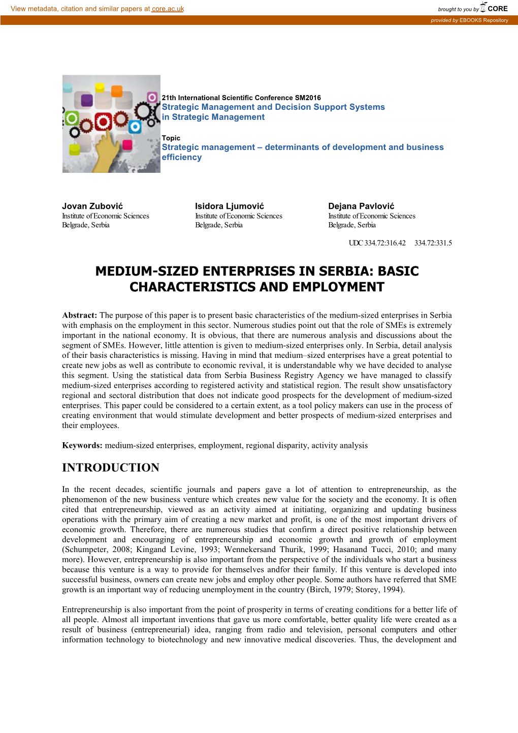 Medium-Sized Enterprises in Serbia: Basic Characteristics and Employment