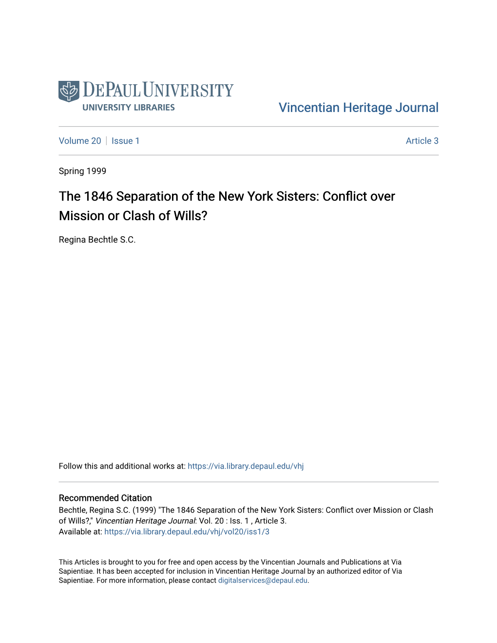 The 1846 Separation of the New York Sisters: Conflict Vo Er Mission Or Clash of Wills?