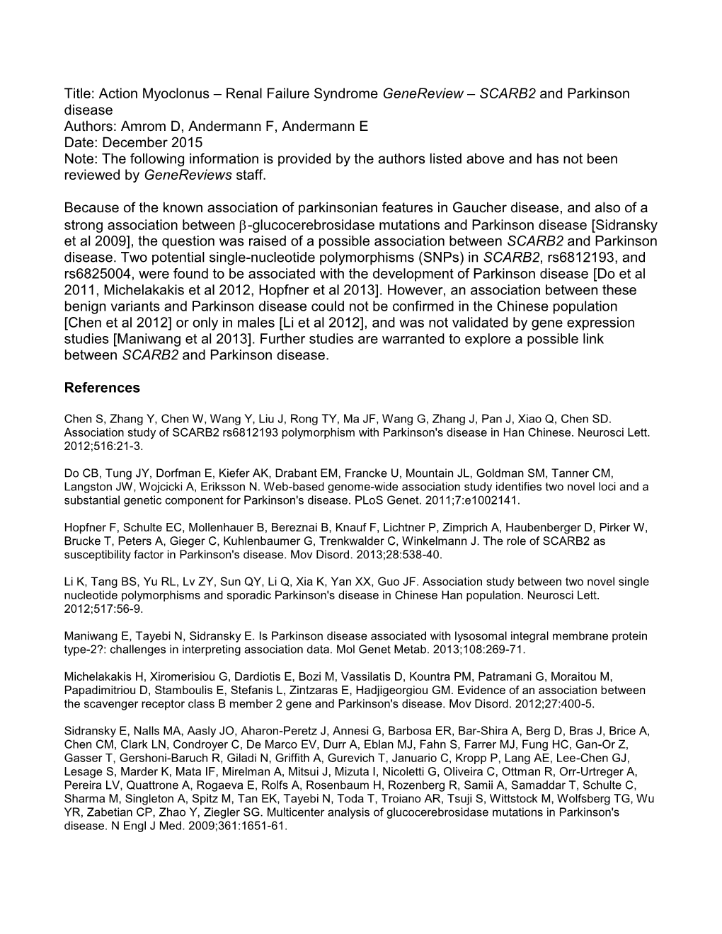 SCARB2 and Parkinson Disease Authors