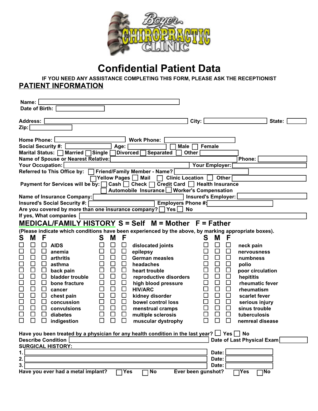 Confidential Patient Data IF YOU NEED ANY ASSISTANCE COMPLETING THIS FORM, PLEASE ASK the RECEPTIONIST PATIENT INFORMATION