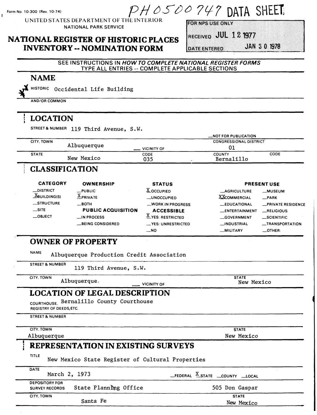 Data Sheet United States Department of the Interior National Park Service National Register of Historic Places Inventory -- Nomination Form