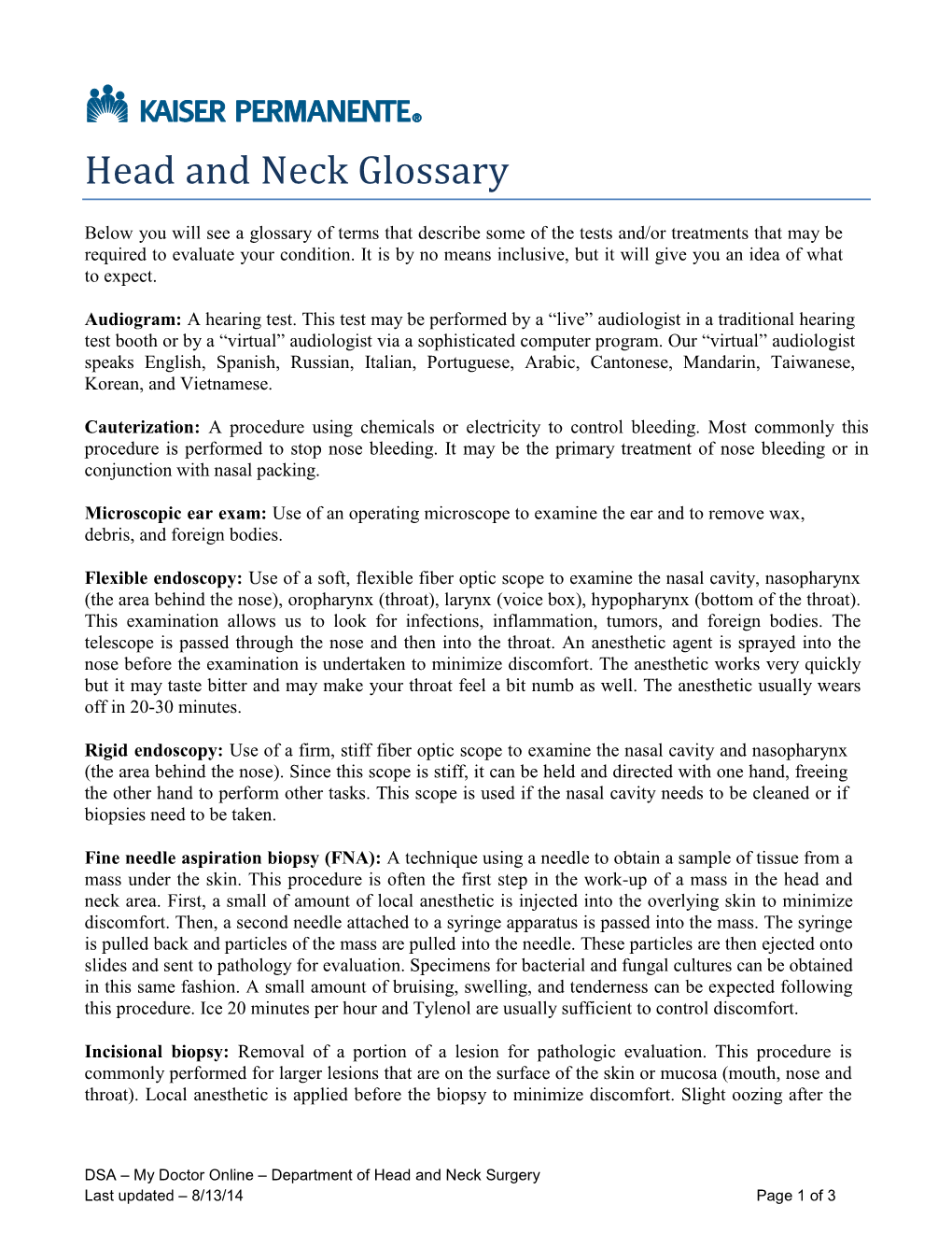 Head and Neck Surgery Glossary