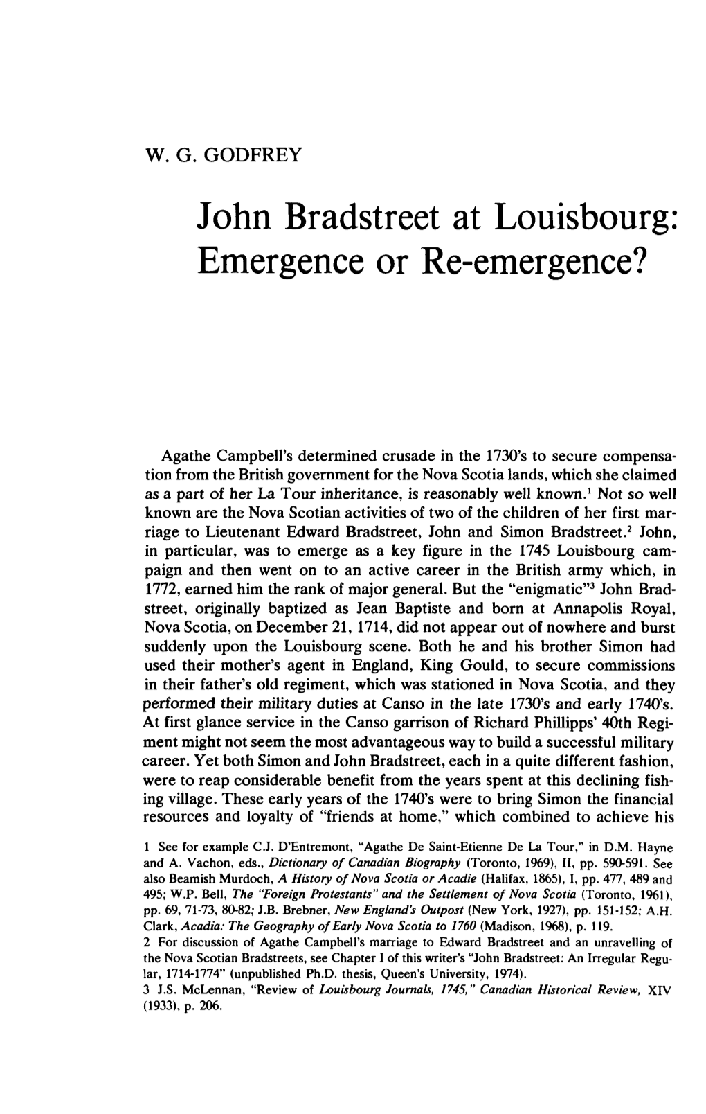 John Bradstreet at Louisbourg: Emergence Or Re-Emergence?