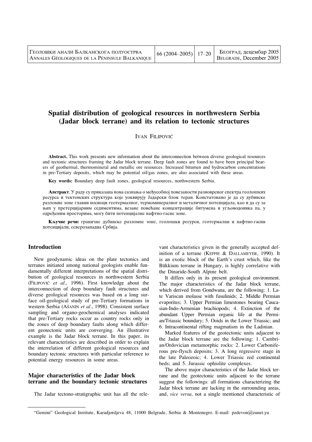 Jadar Block Terrane) and Its Relation to Tectonic Structures