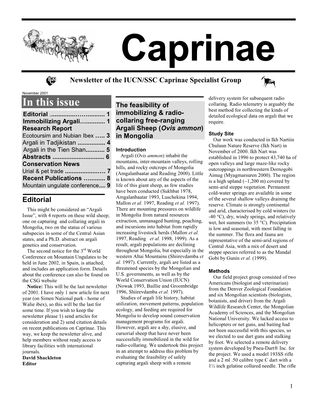 November 2001 Delivery System for Subsequent Radio in This Issue the Feasibility of Collaring