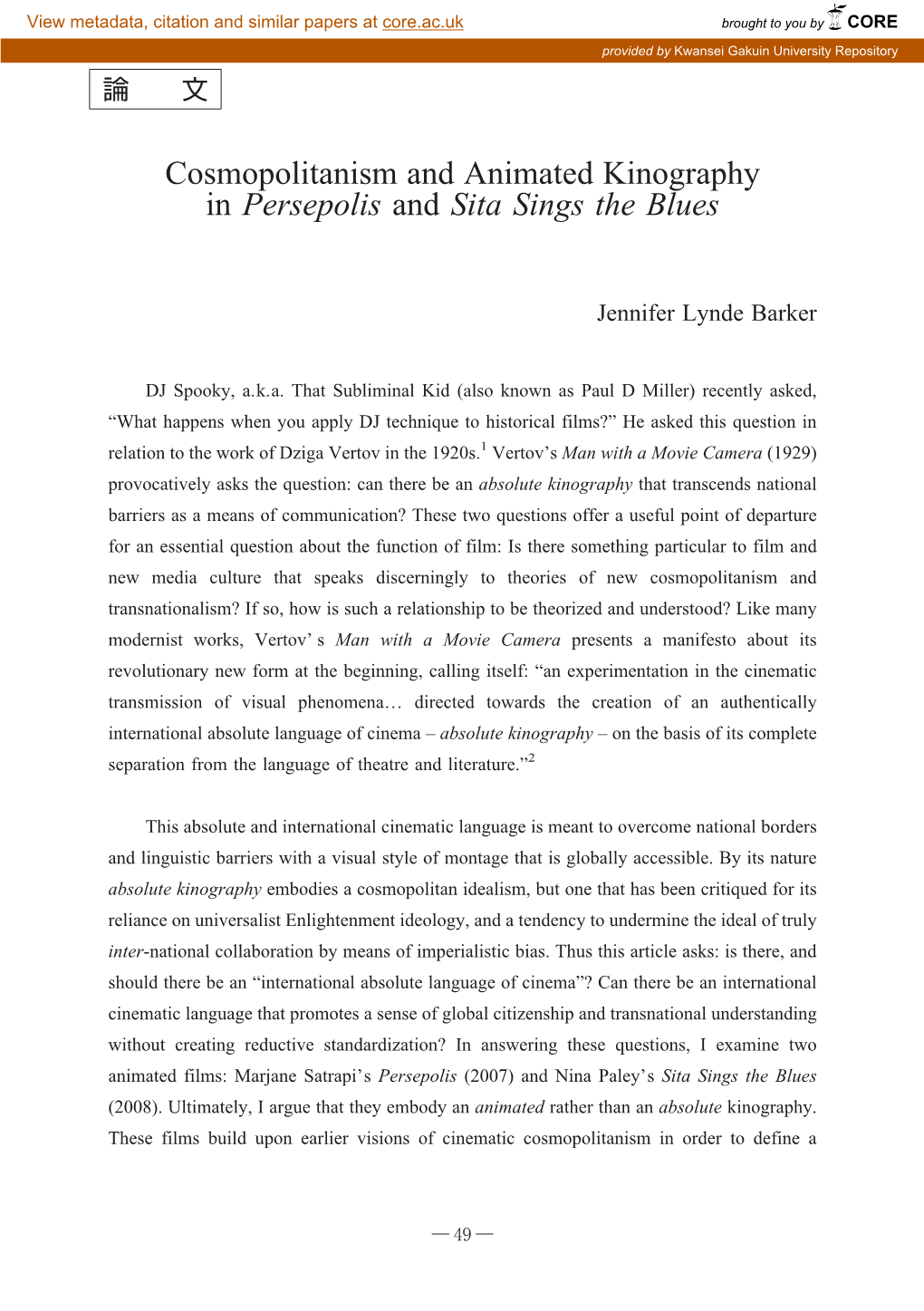 Cosmopolitanism and Animated Kinography in Persepolis and Sita Sings the Blues