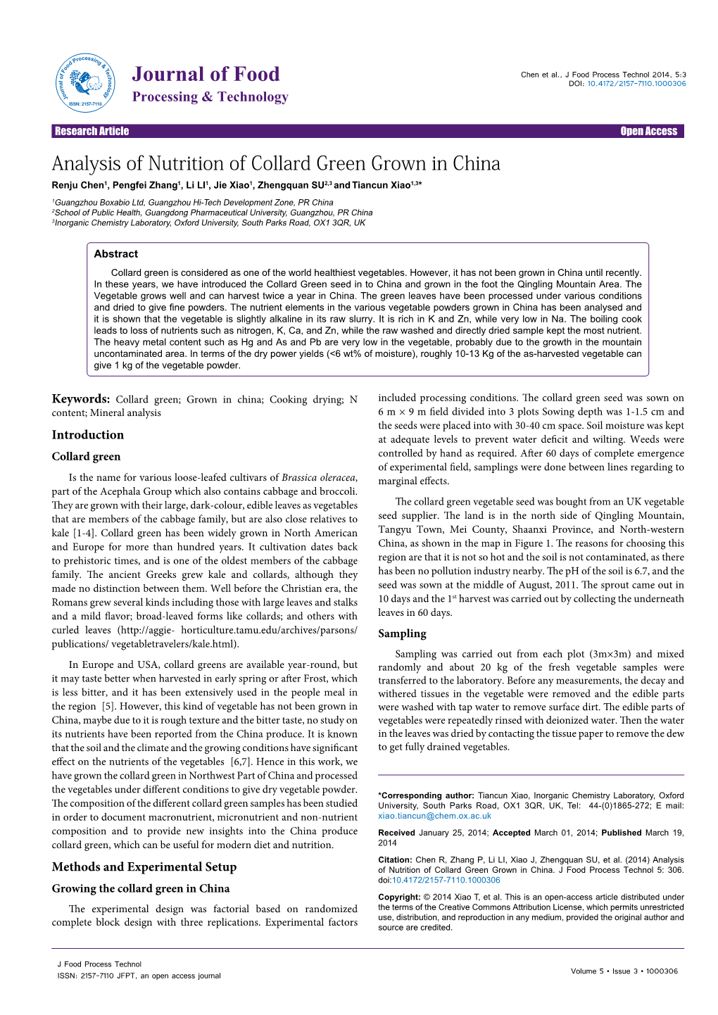 Analysis of Nutrition of Collard Green Grown in China