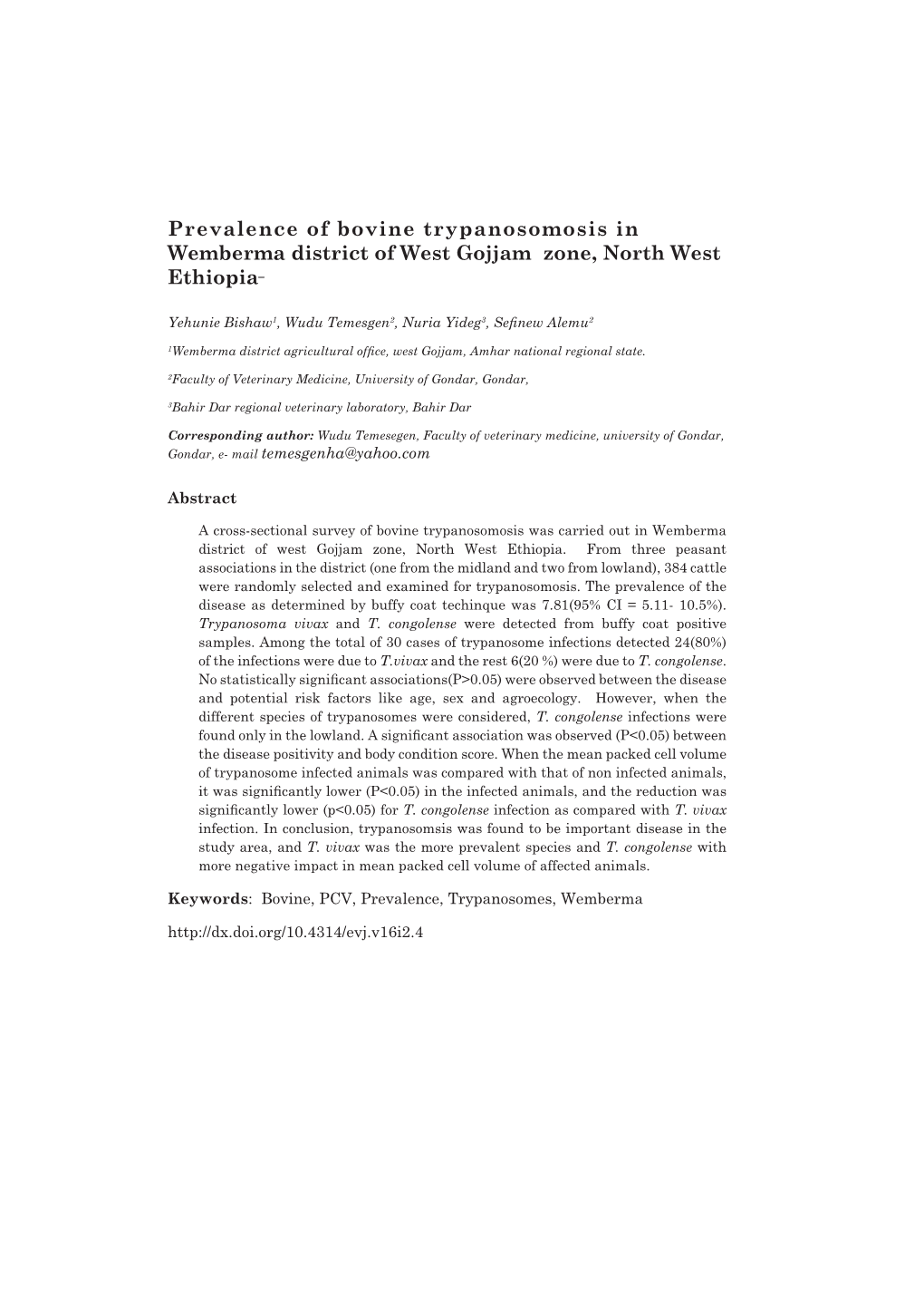Prevalence of Bovine Trypanosomosis in Wemberma District of West Gojjam Zone, North West Ethiopia