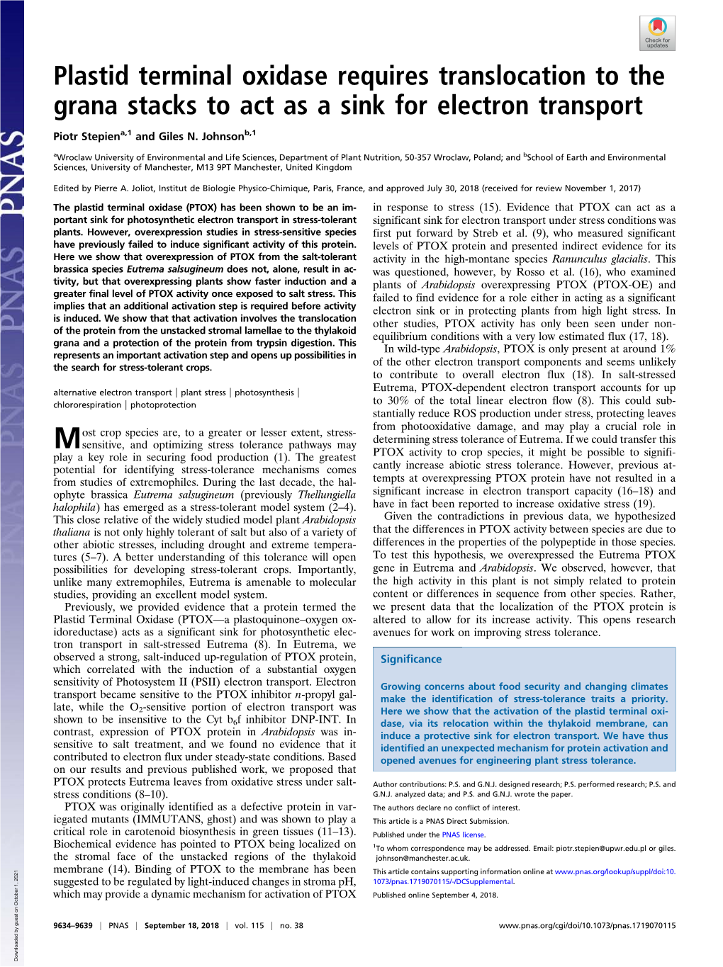 Plastid Terminal Oxidase Requires Translocation to the Grana Stacks to Act As a Sink for Electron Transport