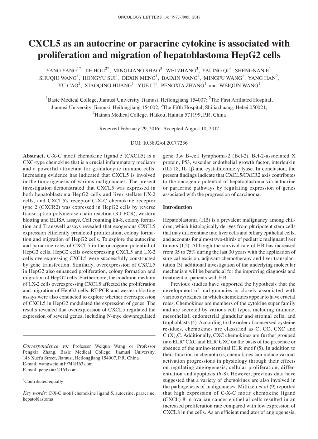 CXCL5 As an Autocrine Or Paracrine Cytokine Is Associated with Proliferation and Migration of Hepatoblastoma Hepg2 Cells