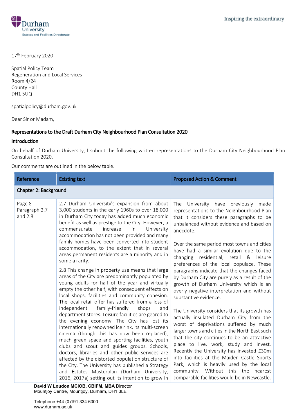 Durham University, I Submit the Following Written Representations to the Durham City Neighbourhood Plan Consultation 2020