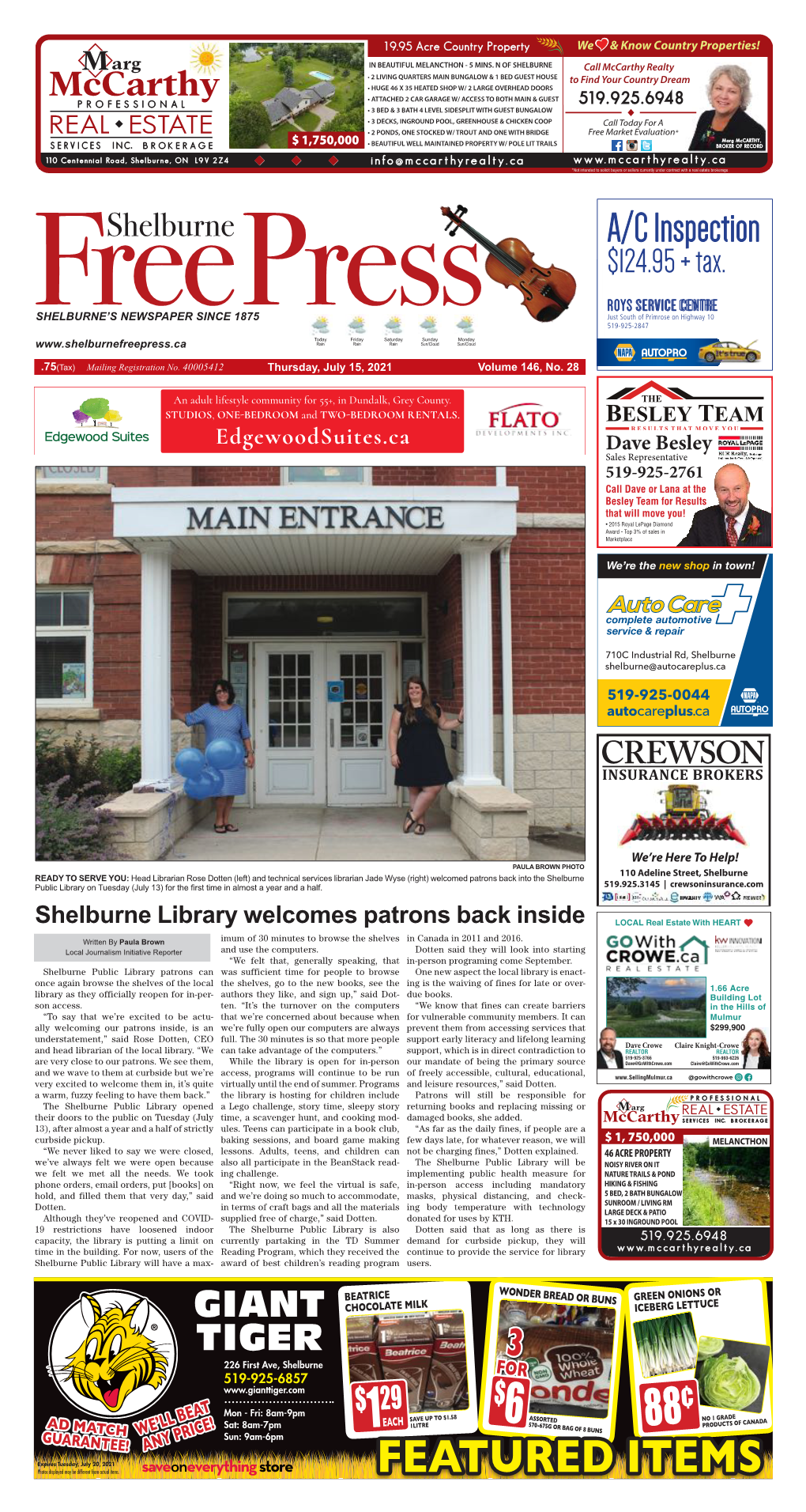 FEATURED ITEMS $288 60¢ Page 2 the SHELBURNE FREE PRESS, Thursday, July 15, 2021 Progress Being Made on Shelburne Splash Pad Initiative
