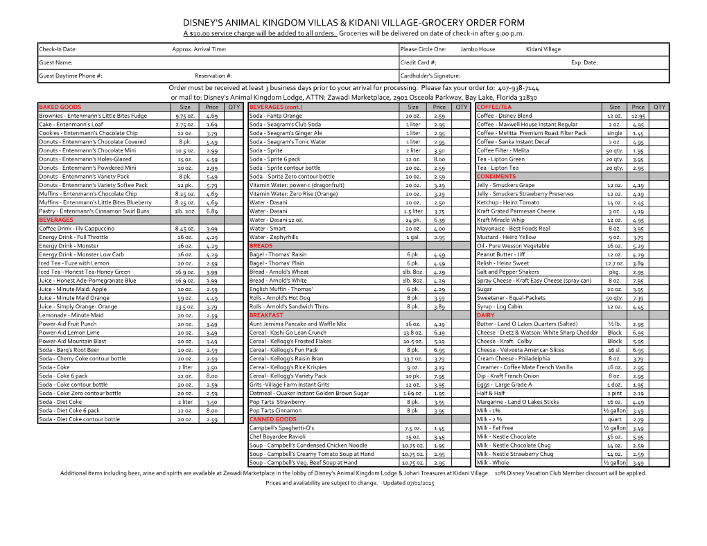 Disney's Animal Kingdom Villas & Kidani Village-Grocery Order