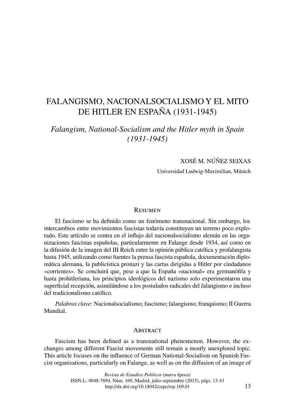 Falangismo, Nacionalsocialismo Y El Mito De Hitler En España (1931-1945)