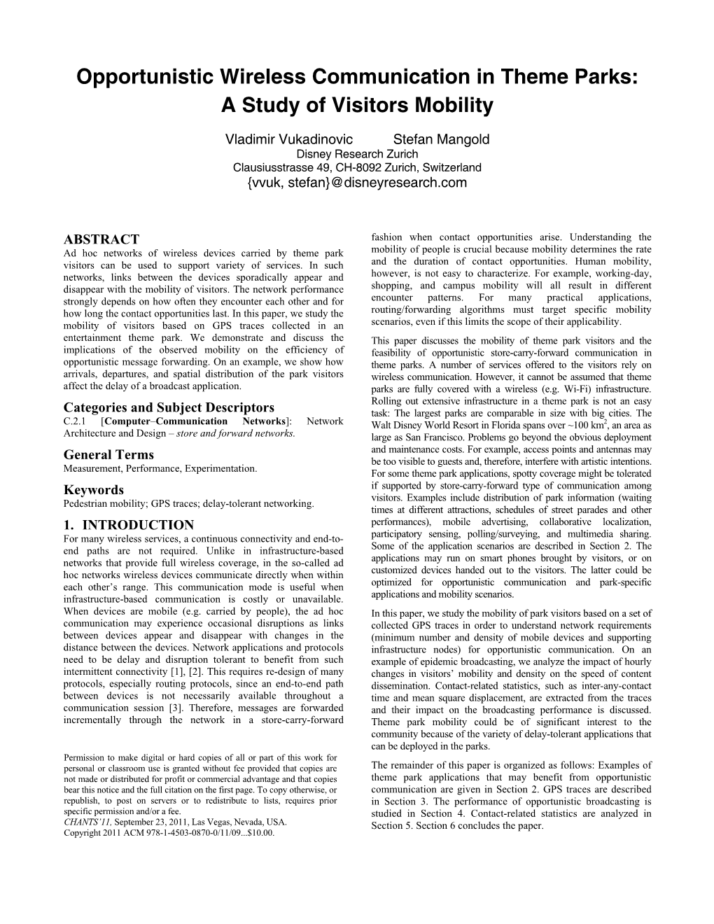 Opportunistic Wireless Communication in Theme Parks: a Study of Visitors Mobility