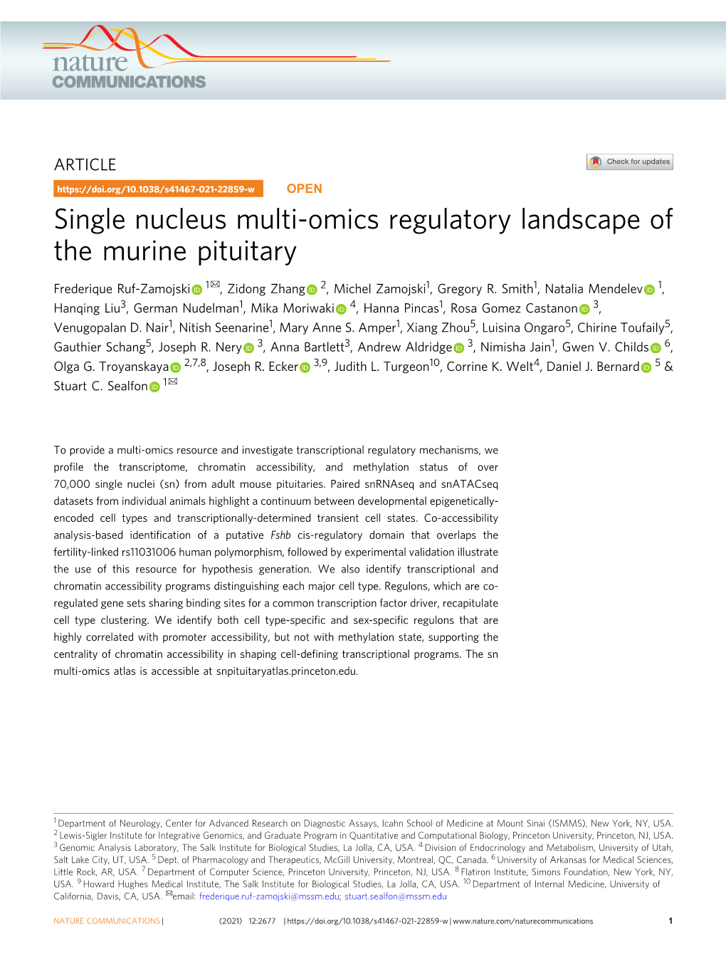 Single Nucleus Multi-Omics Regulatory Landscape of the Murine Pituitary ✉ Frederique Ruf-Zamojski 1 , Zidong Zhang 2, Michel Zamojski1, Gregory R