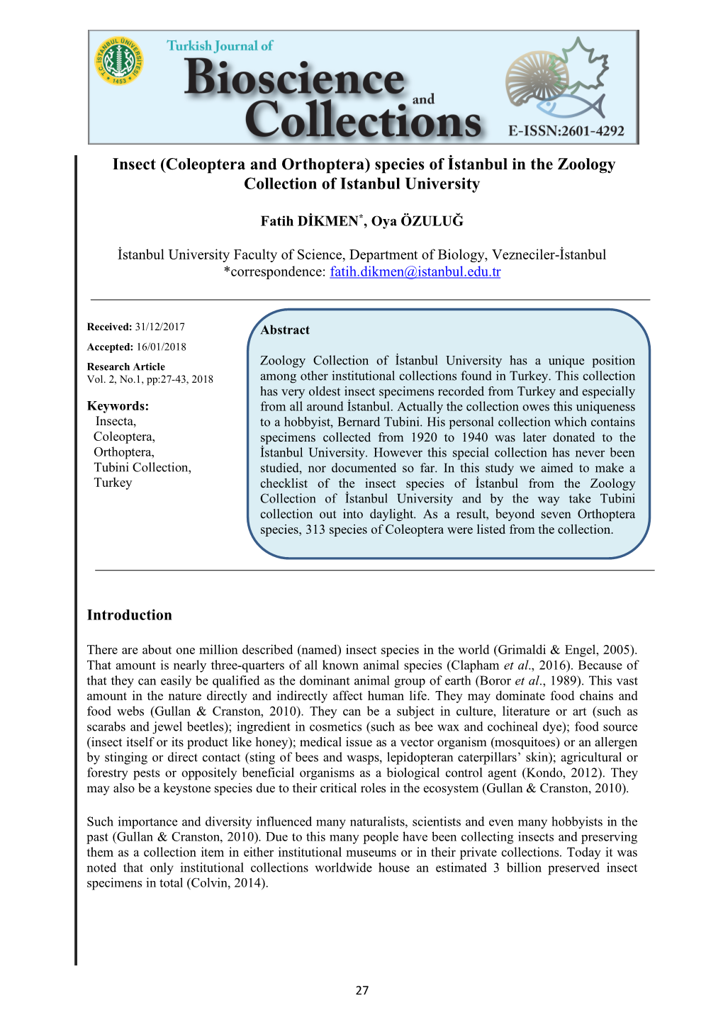 Insect (Coleoptera and Orthoptera) Species of İstanbul in the Zoology Collection of Istanbul University