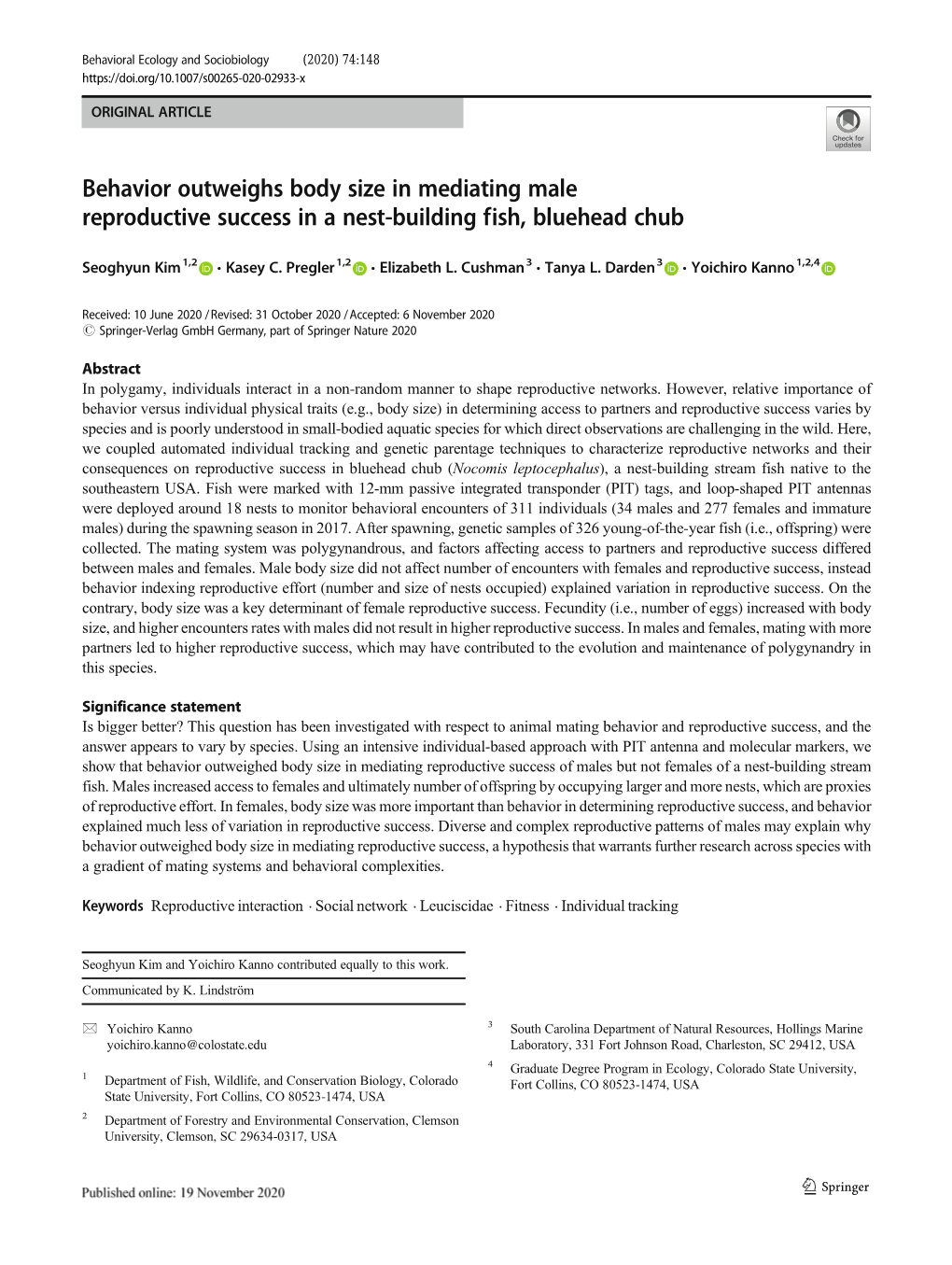 Behavior Outweighs Body Size in Mediating Male Reproductive Success in a Nest-Building Fish, Bluehead Chub