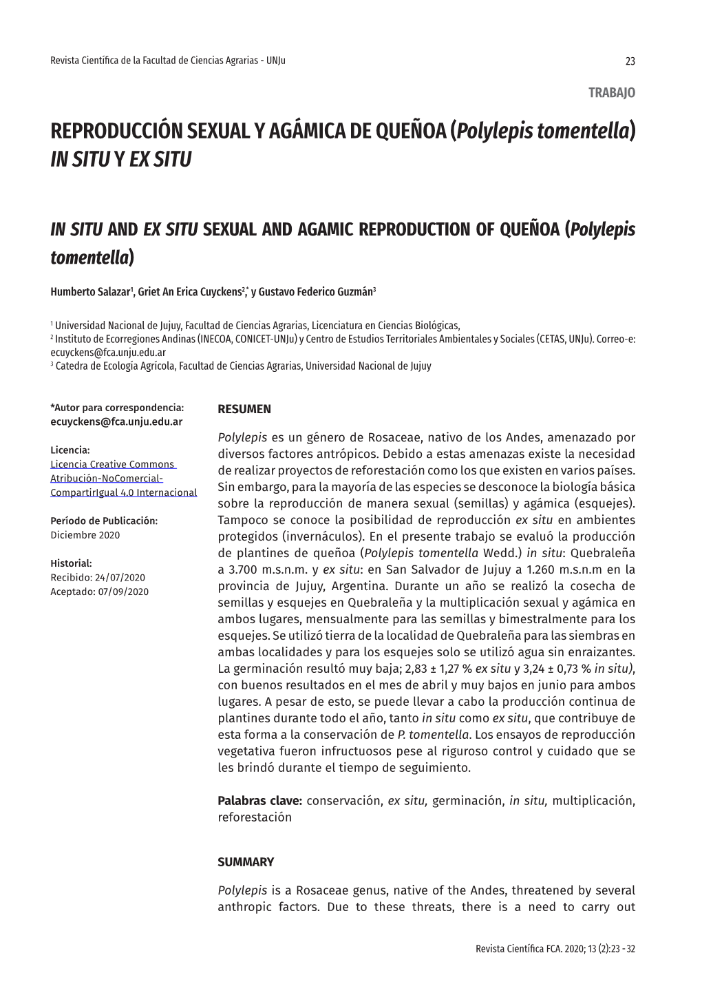 REPRODUCCIÓN SEXUAL Y AGÁMICA DE QUEÑOA (Polylepis Tomentella) in SITU Y EX SITU
