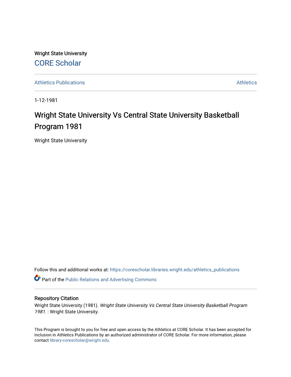 Wright State University Vs Central State University Basketball Program 1981