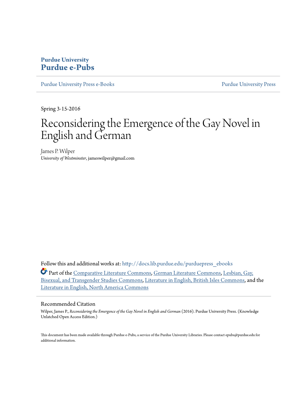 Reconsidering the Emergence of the Gay Novel in English and German James P