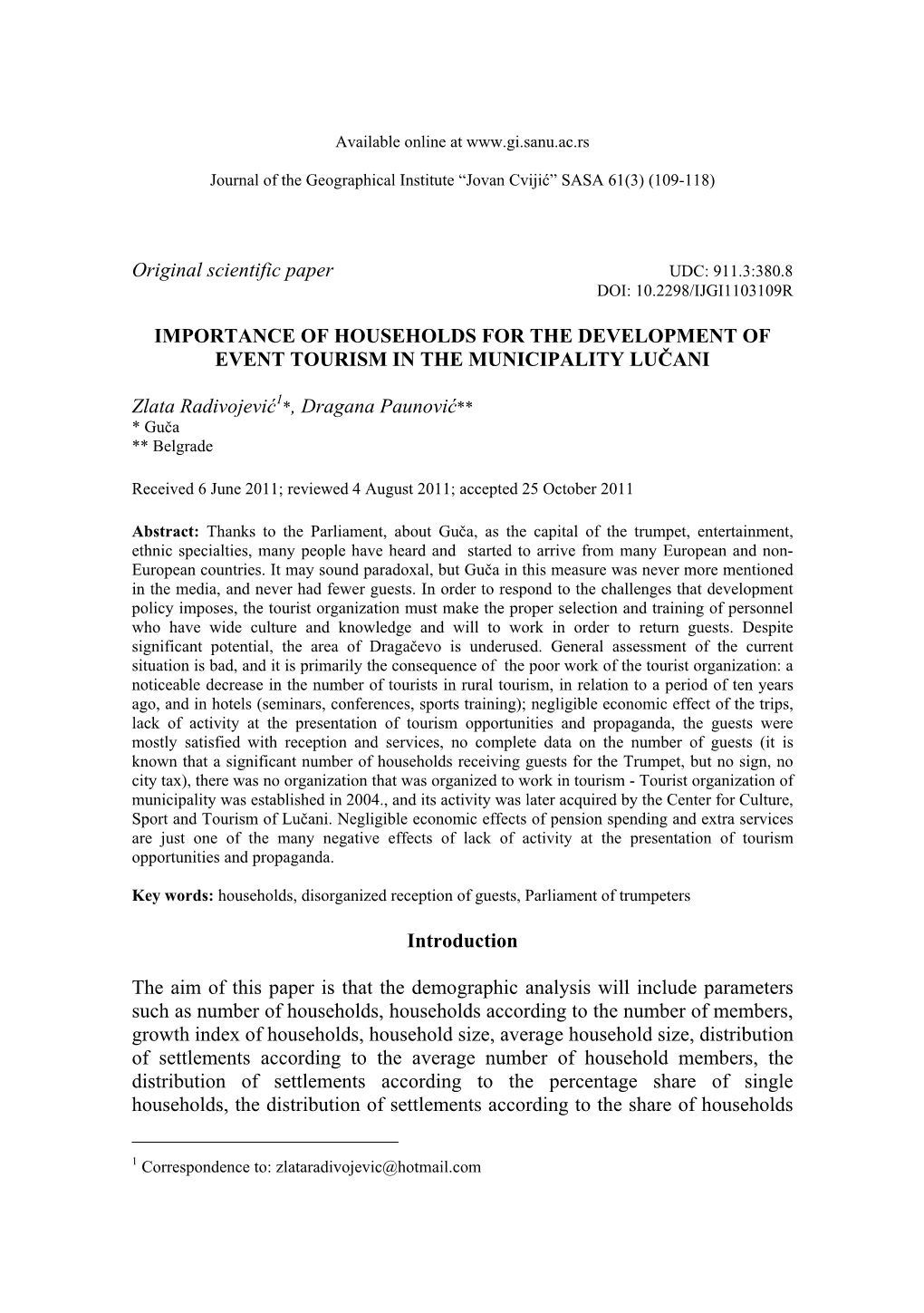 Importance of Households for the Development of Event Tourism in the Municipality Lučani