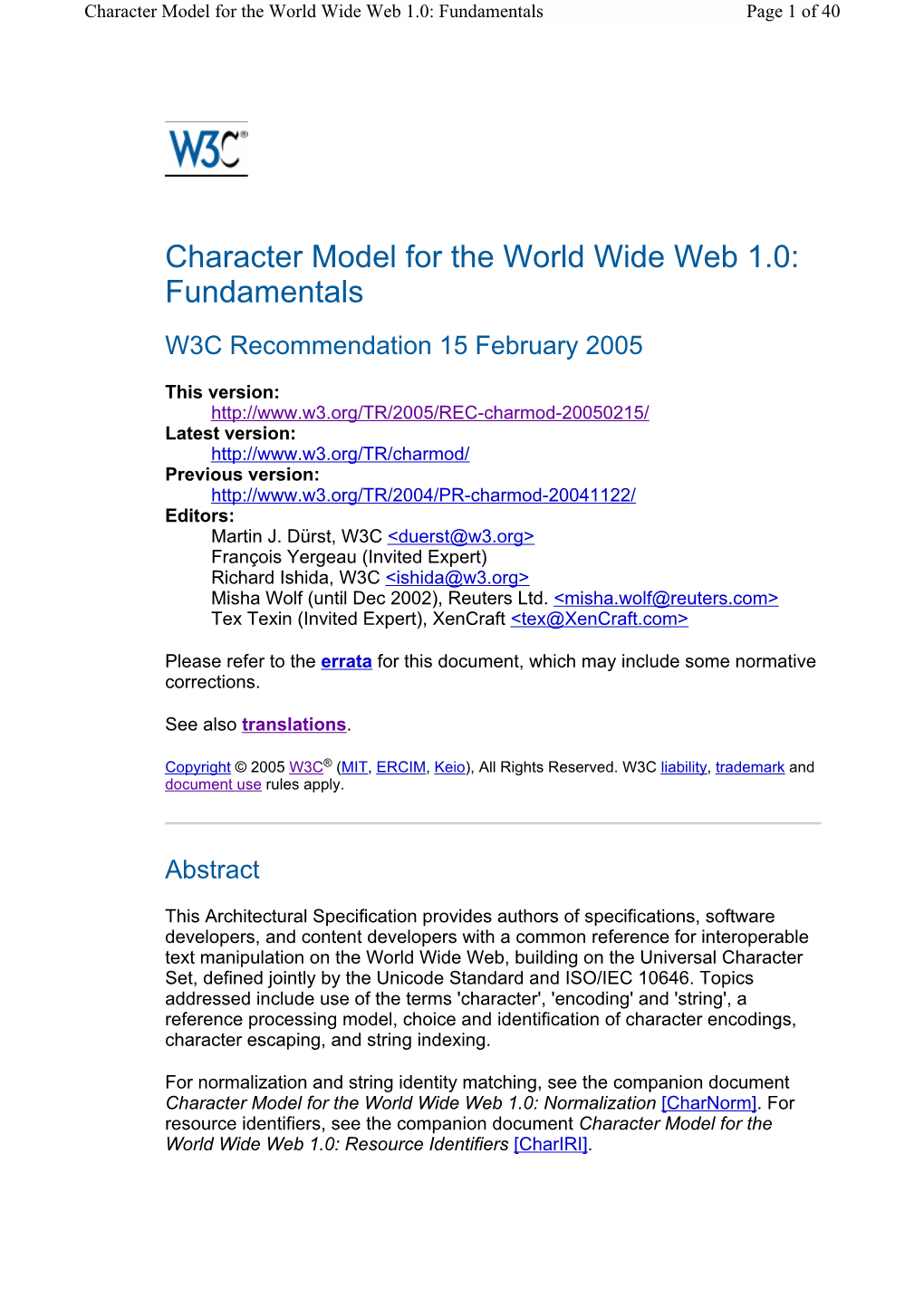 Character Model for the World Wide Web 1.0: Fundamentals Page 1 of 40