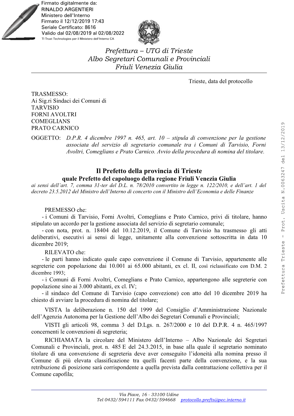 UTG Di Trieste Albo Segretari Comunali E Provinciali Friuli Venezia Giulia