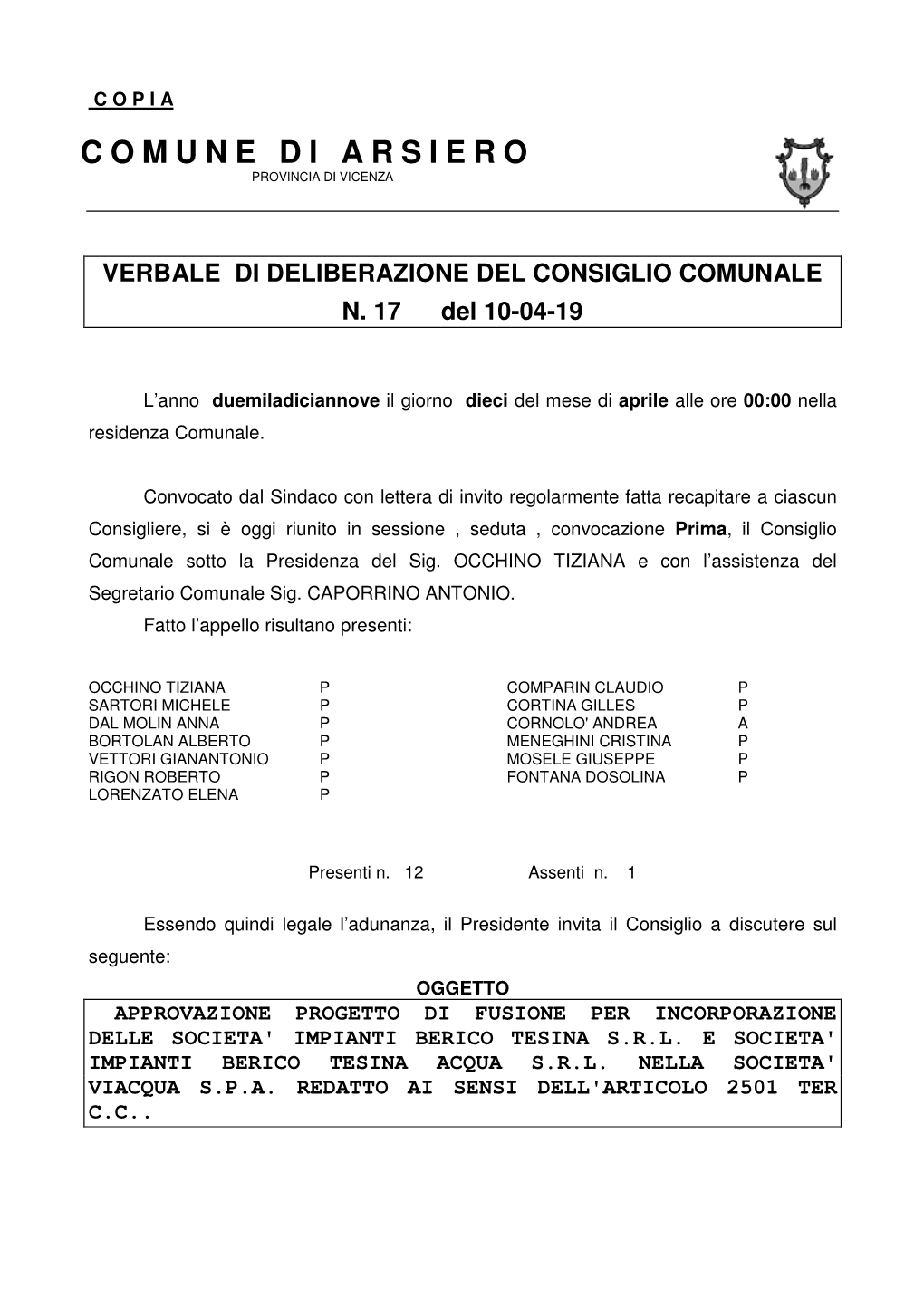 Comune Di Arsiero Provincia Di Vicenza