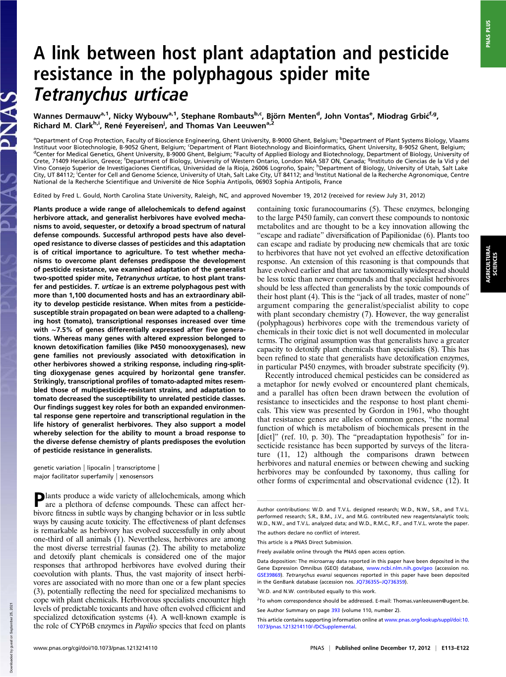 A Link Between Host Plant Adaptation and Pesticide Resistance in The