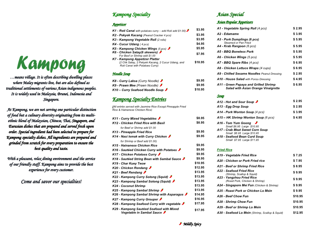 Come and Savor Our Specialties! Kampong Specialty Kampong