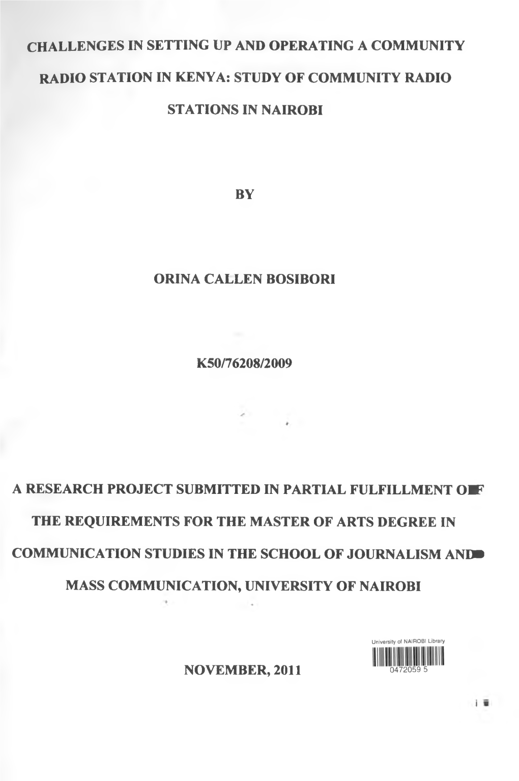 Challenges in Setting up and Operating a Community Radio Station in Kenya: Study of Community Radio Stations in Nairobi