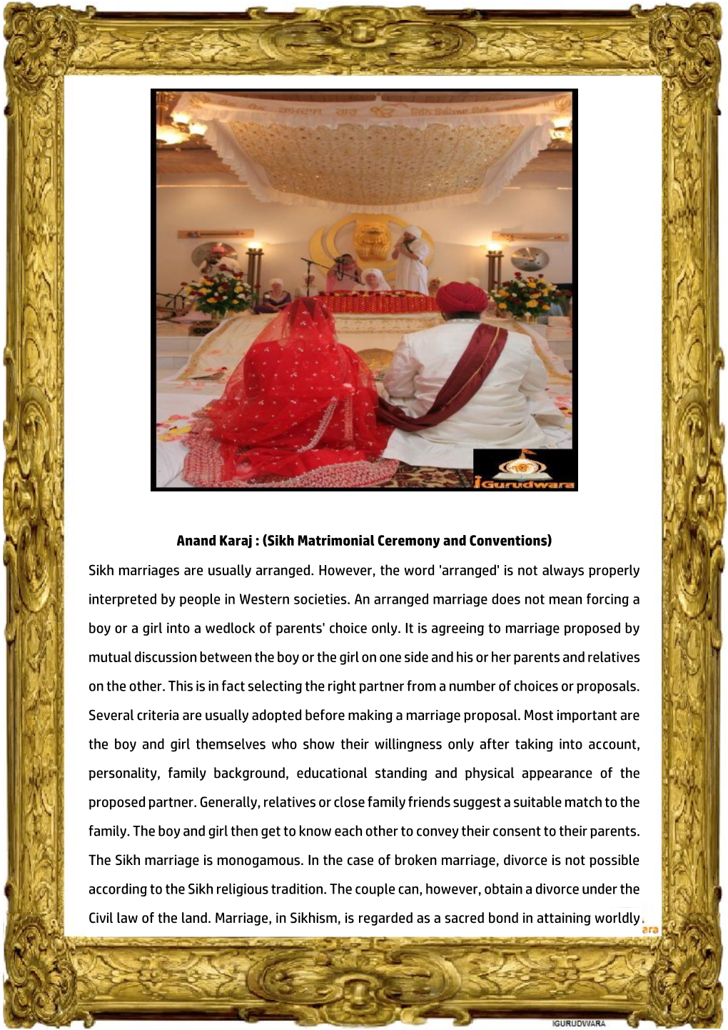 Anand Karaj : (Sikh Matrimonial Ceremony and Conventions) Sikh