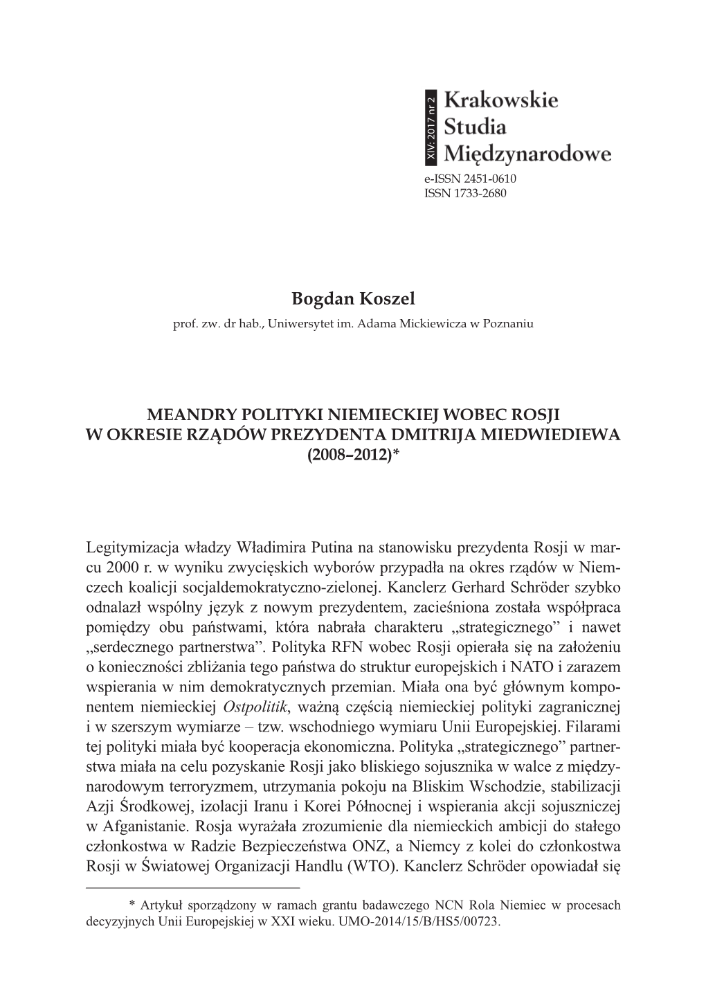 Meandry Polityki Niemieckiej Wobec Rosji W Okresie Rządów Dmitrija Miedwiediewa