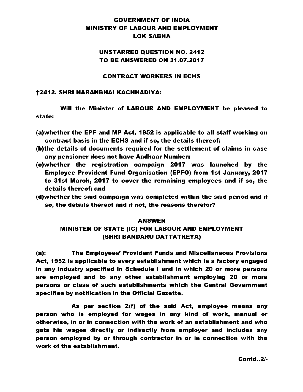 Government of India Ministry of Labour and Employment Lok Sabha