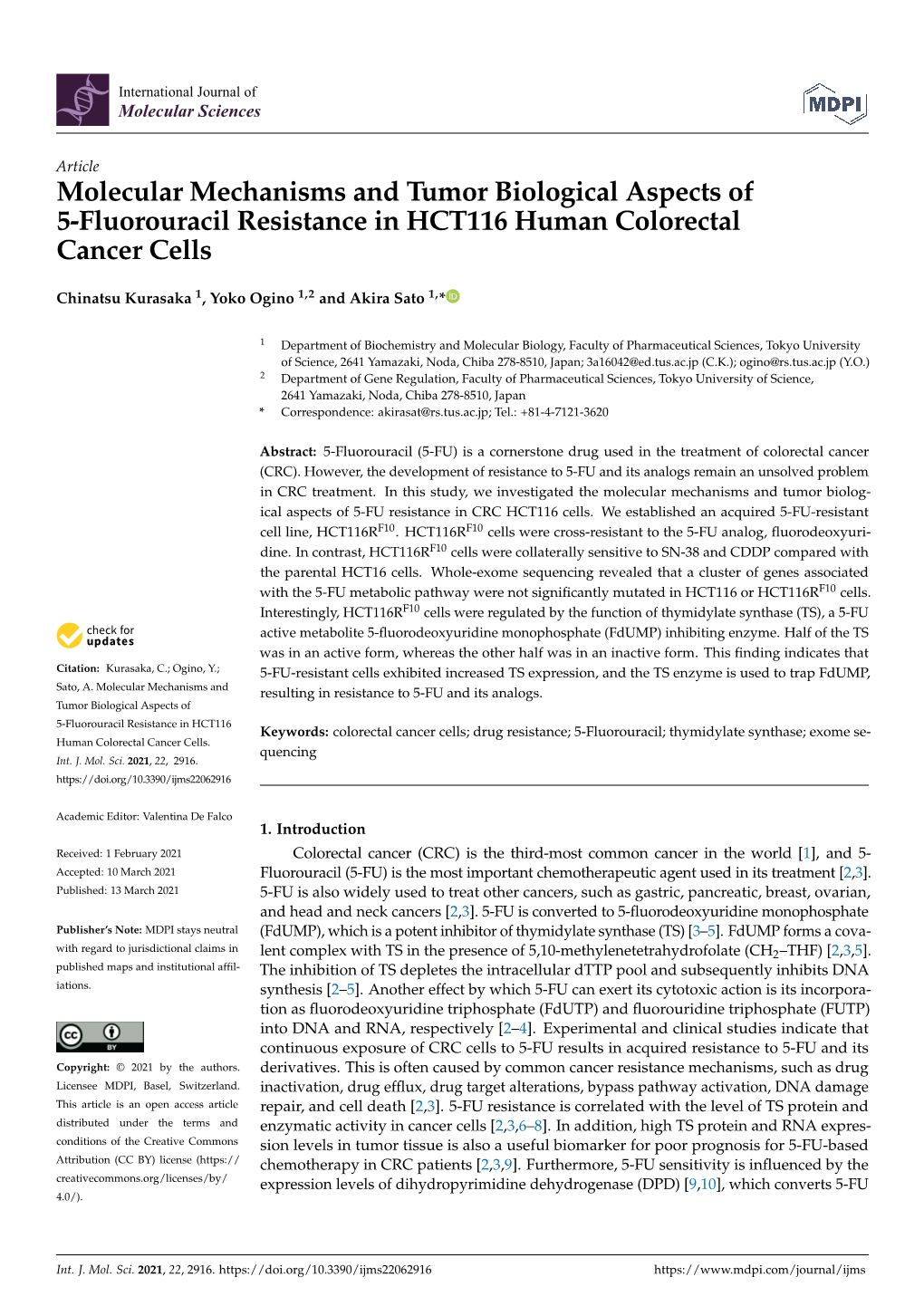 Molecular Mechanisms and Tumor Biological Aspects of 5-Fluorouracil Resistance in HCT116 Human Colorectal Cancer Cells