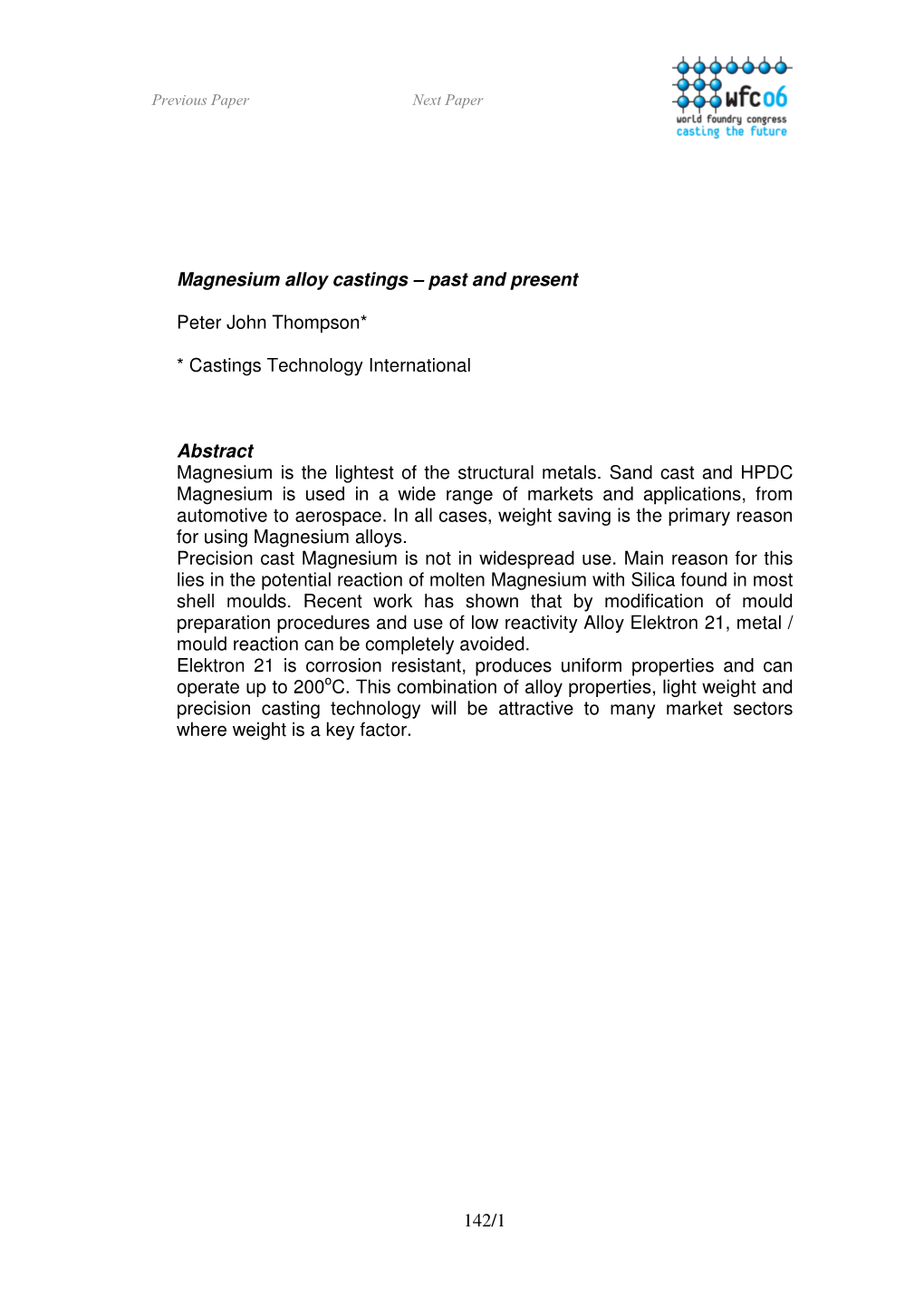 142/1 Magnesium Alloy Castings – Past and Present Peter John