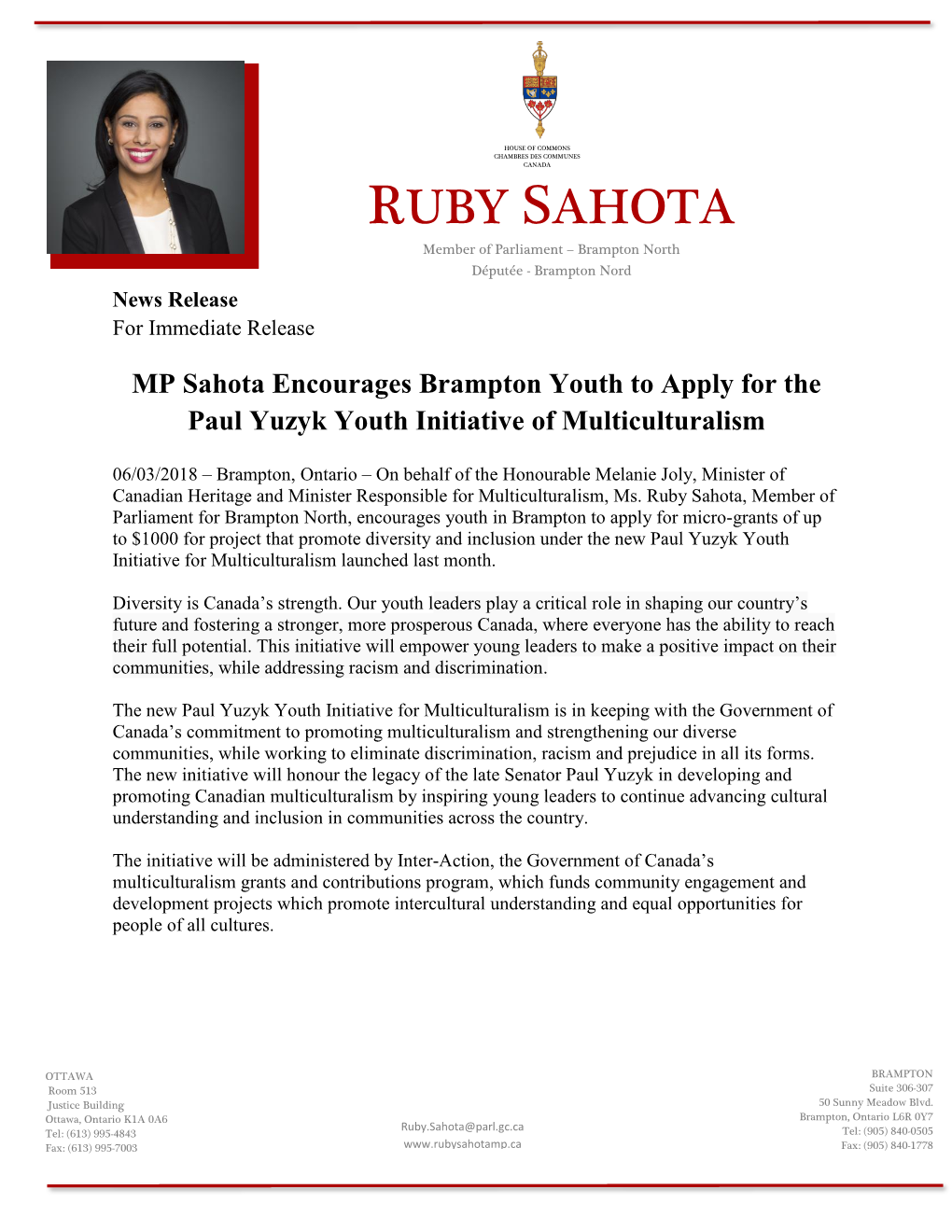 MP Sahota Encourages Brampton Youth to Apply for the Paul Yuzyk Youth Initiative of Multiculturalism