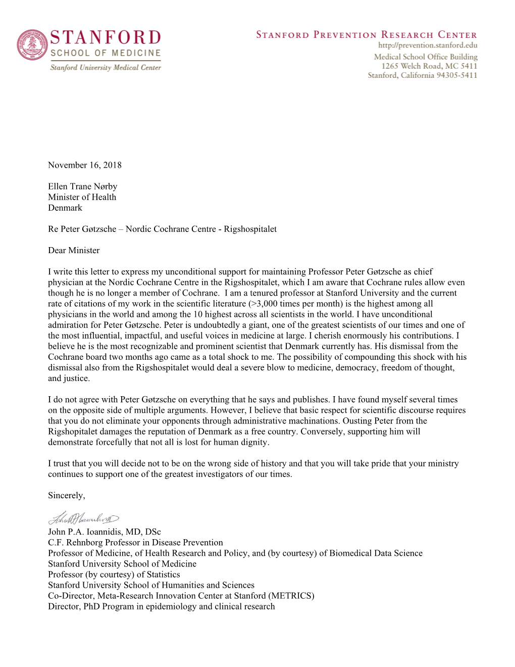 Letter from John Ioannidis to the Danish Minister Of